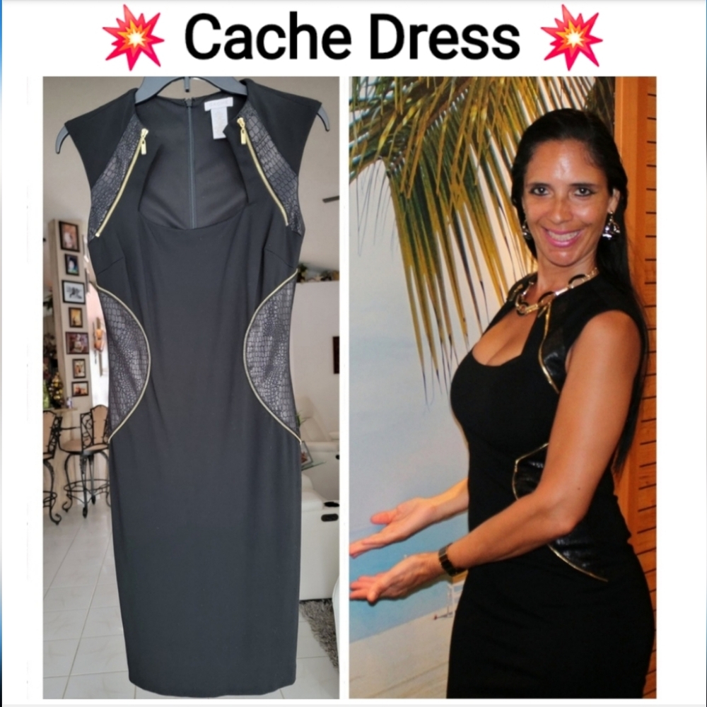 Cache Elegant Black Women's Dress with Golden Hardware, Size 0